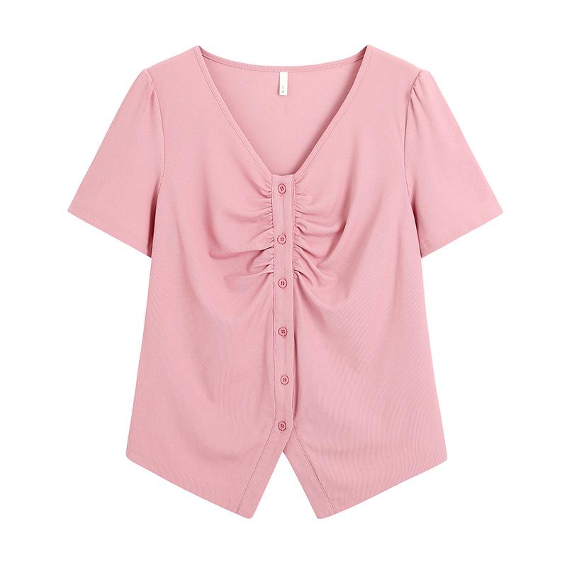 

Plus Size Women s Sweet Spicy Style V-Neck Irregular Straight Shoulder Slim T-Shirt (Short Sleeve) 2XL (for 140-160 jins) рожевий