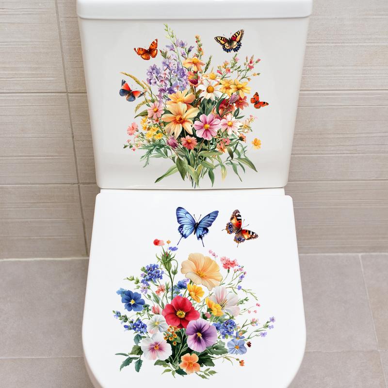 Çiçek Desenli Tuvalet Çıkartmaları Banyo Dekorasyon Çıkartmaları Dekor Kendinden Yapışkanlı Duvar Kağıdı Çıkarılabilir PVC Su Geçirmez Çıkartma