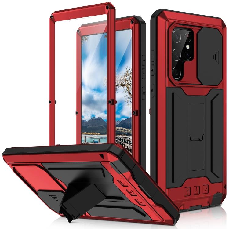 Custodia per Telefono R-JUST con Supporto in Metallo + Silicone e Copri Fotocamera Scorrevole per Samsung Galaxy S22 Ultra 5G