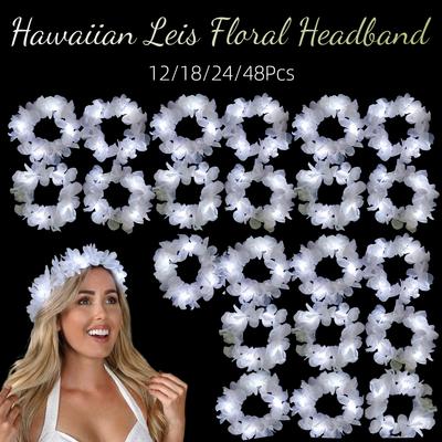 12-48Pcs LED Hawaiian Leis White Floral Headband Light Up Flower Crown for Women Luau Party Beach Wedding Supplies