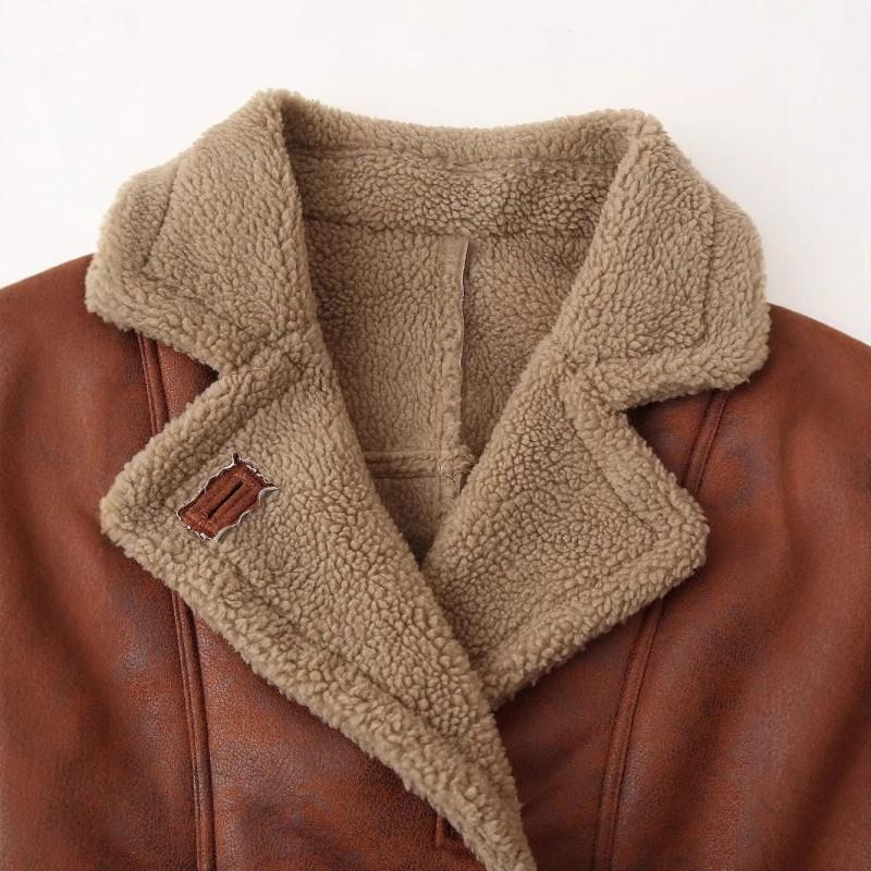 Womens Faux Shearling Collar Coat Loose Fit Streetwear Jacket With Pockets Mid-Length Fall Winter Outerwear