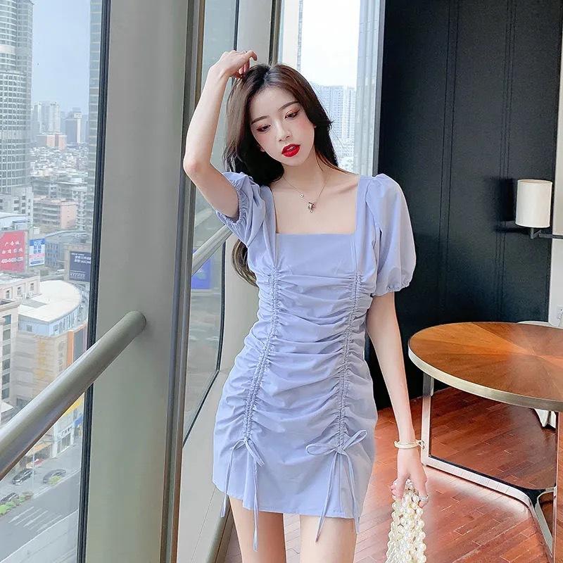 French gas waist bubble sleeve drawstring pleated new dress short sleeve square collar thin celebrity skirt