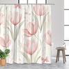 1pc Pink tulip patterned shower curtain, polyester fabric, machine washable, with hooks, suitable for bathroom décor.