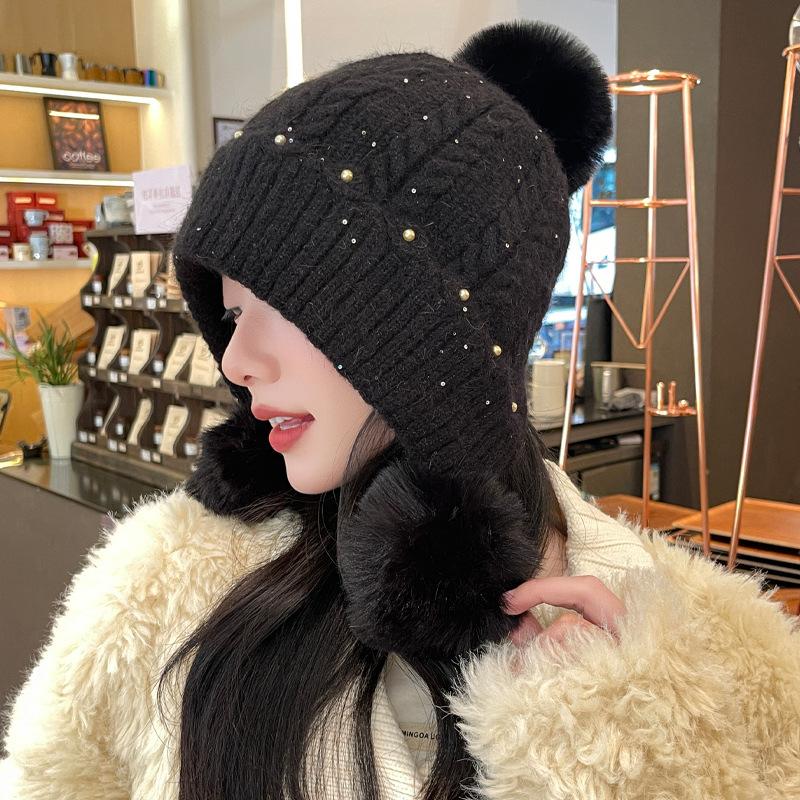 Cute Hairball Hat Women's Thickened Warm Ear Protector Knitted Hat Fashionable Solid Color Casual Wool Hat