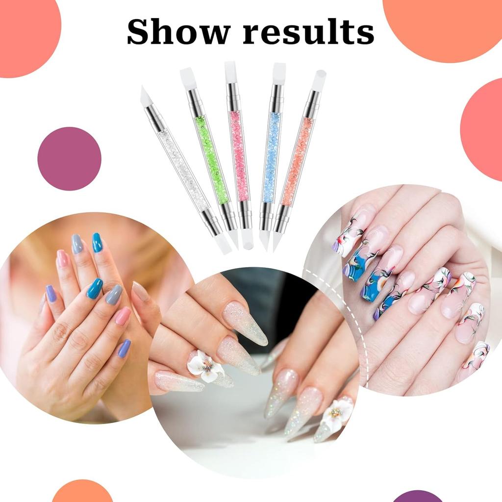 5Pcs/Set Sculpture Dotting Pen Nail Art Silicone Brush Colorful Crystal Dual-head Carving Flower Painting Pen DIY Manicure Tools