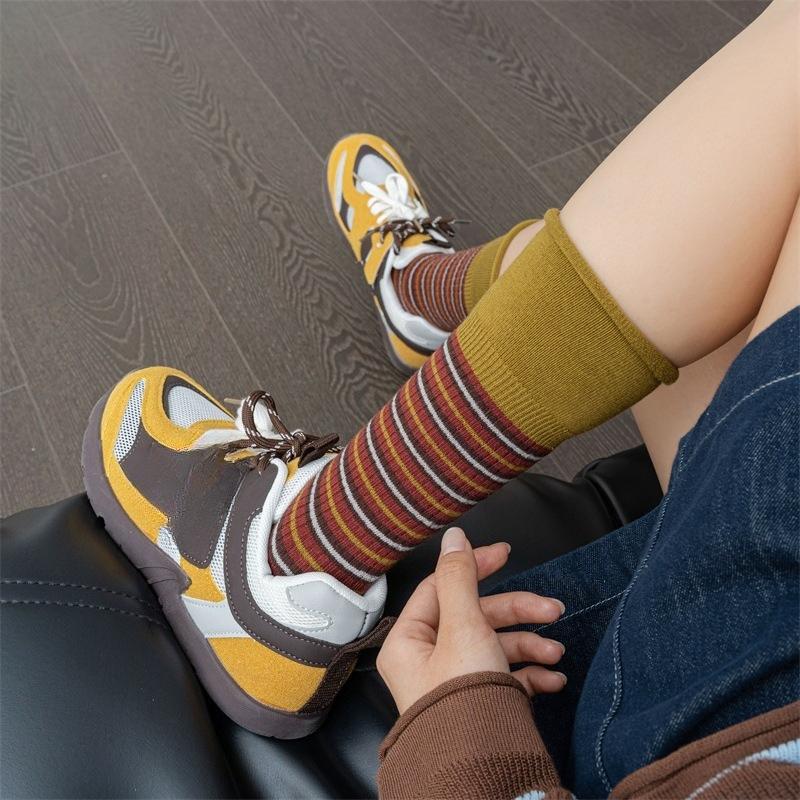 Autumn and Winter Color-blocking, Artistic and Retro Striped Mid-calf Socks for Women's Fashion, Pile Socks