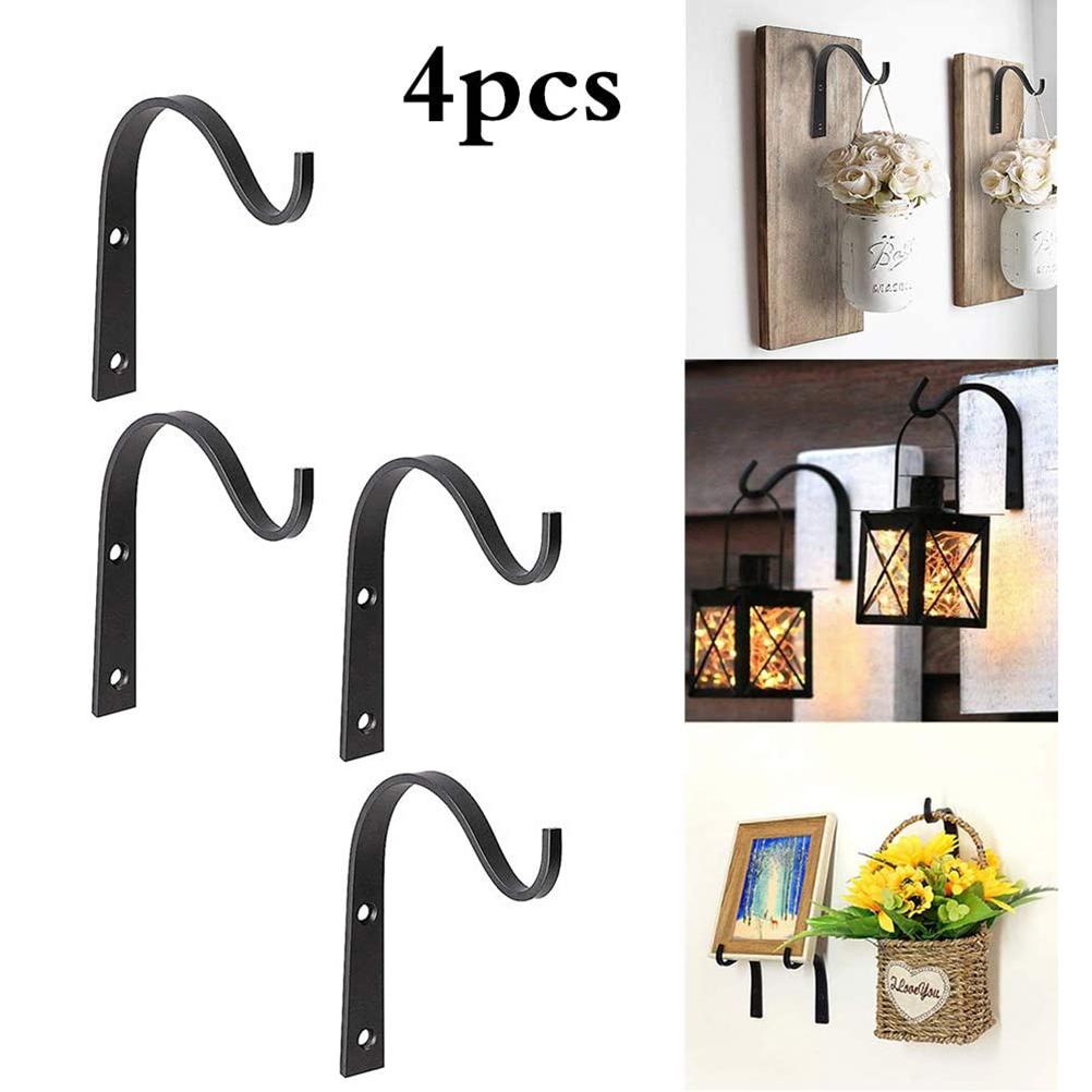 4Pcs Black Metal Wall Hooks Curved Hanging Plant Bracket Flower Basket Decor