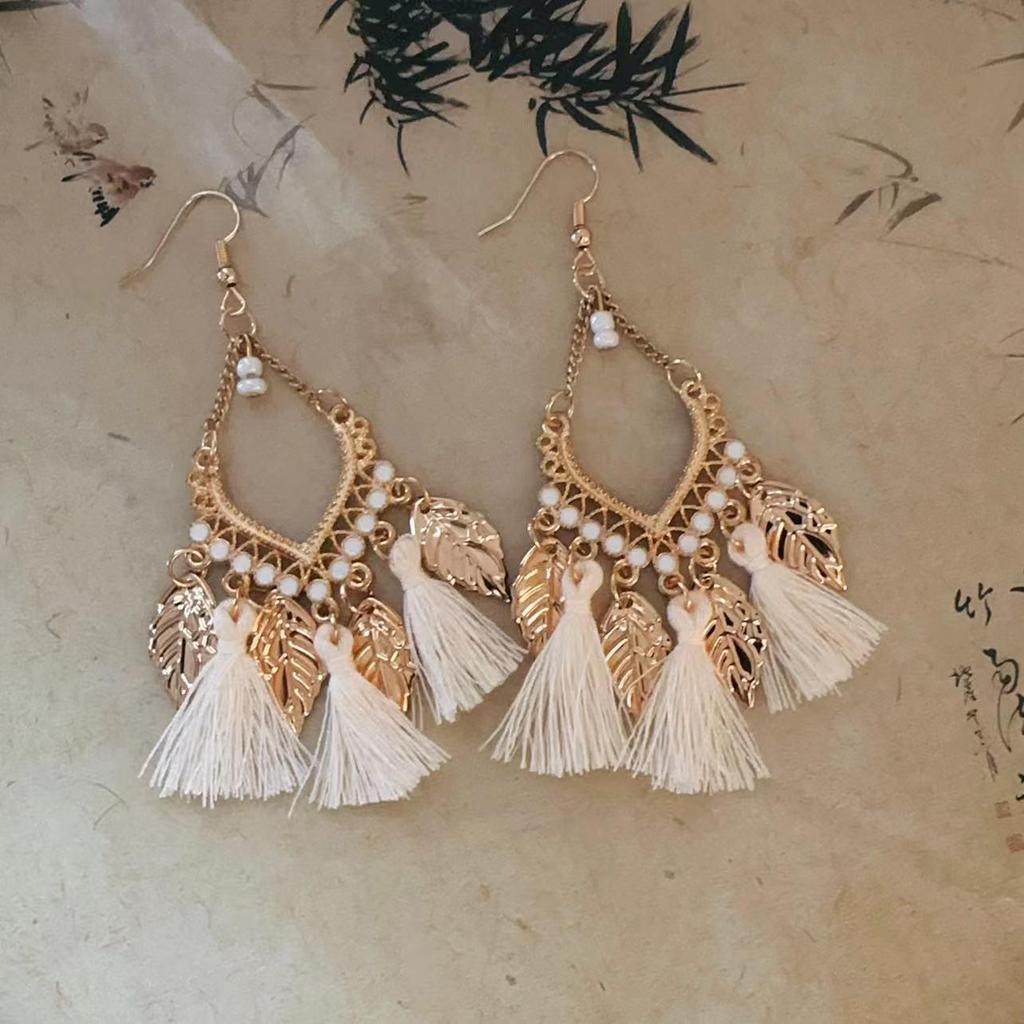 Bohemian Feather Seed Bead Tassel Earrings - Retro Ethnic Dangle Jewelry