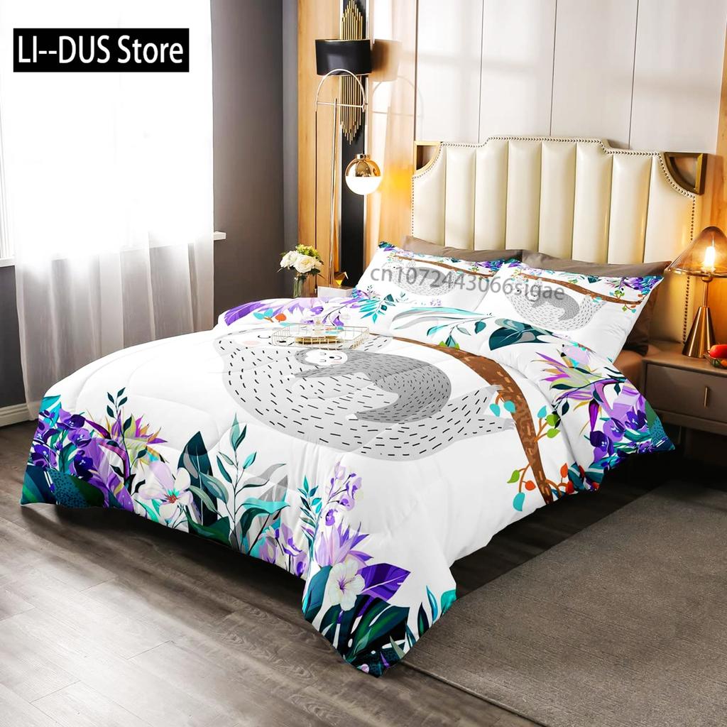 Sloth Duvet Cover Set Cartoon Character Sleeping on Branch Decorative 3 Piece Bedding Set with 2 Pillow Shams Queen Full Size