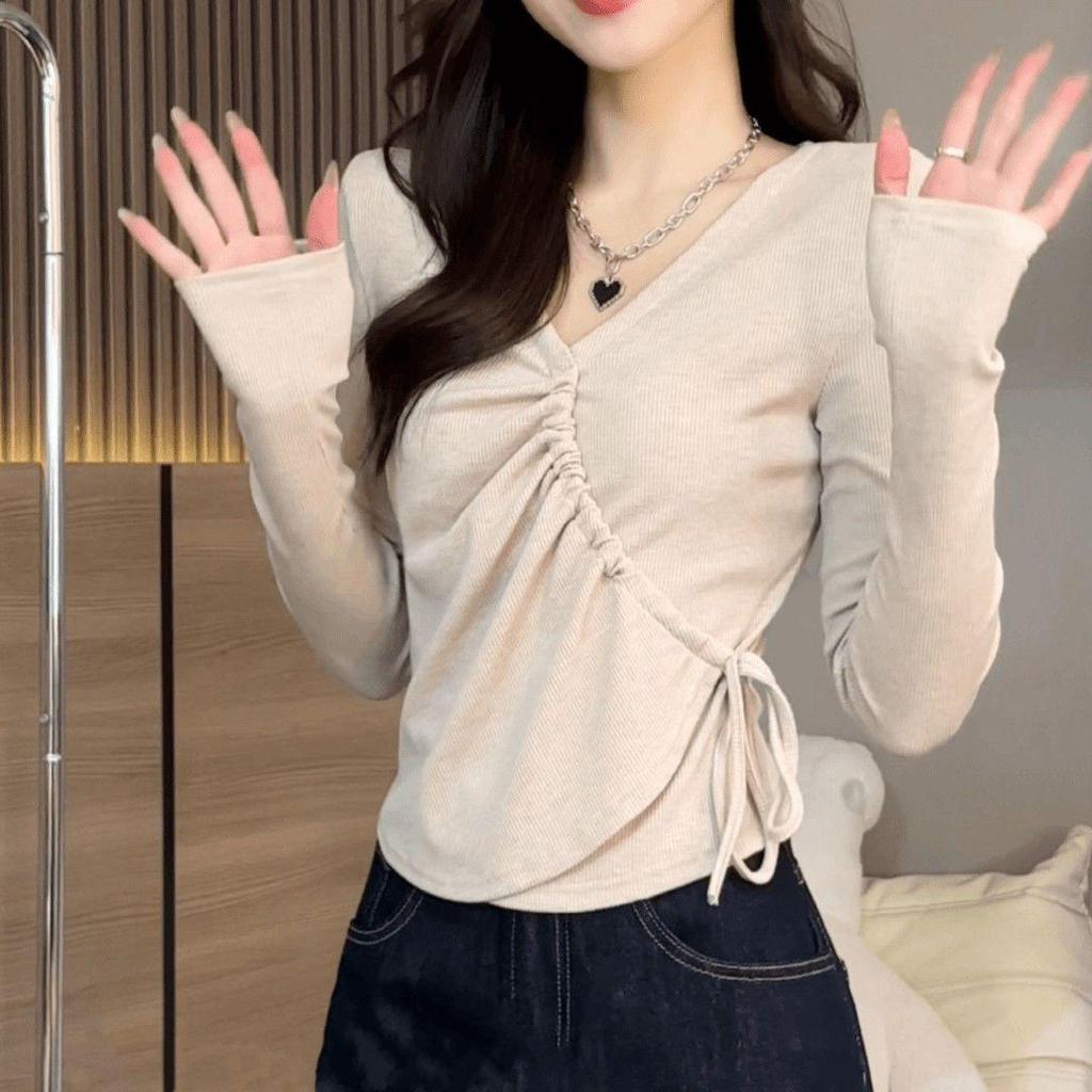Plus Size Korean V-Neck Drawstring Long Sleeve Irregular T-shirt - Solid Color Slim Fit Trendy Autumn Top for Women