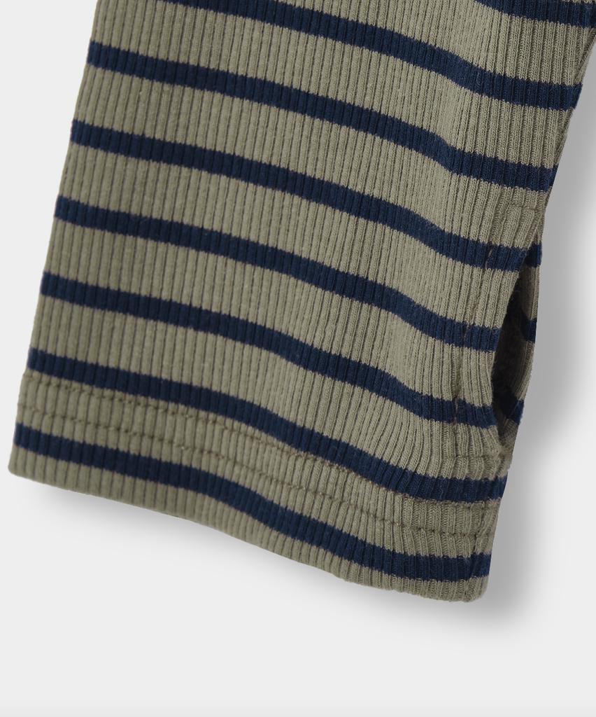 Yujen Henley Neck Shirred Long Sleeve T-Shirt_Stripe Khaki & Navy