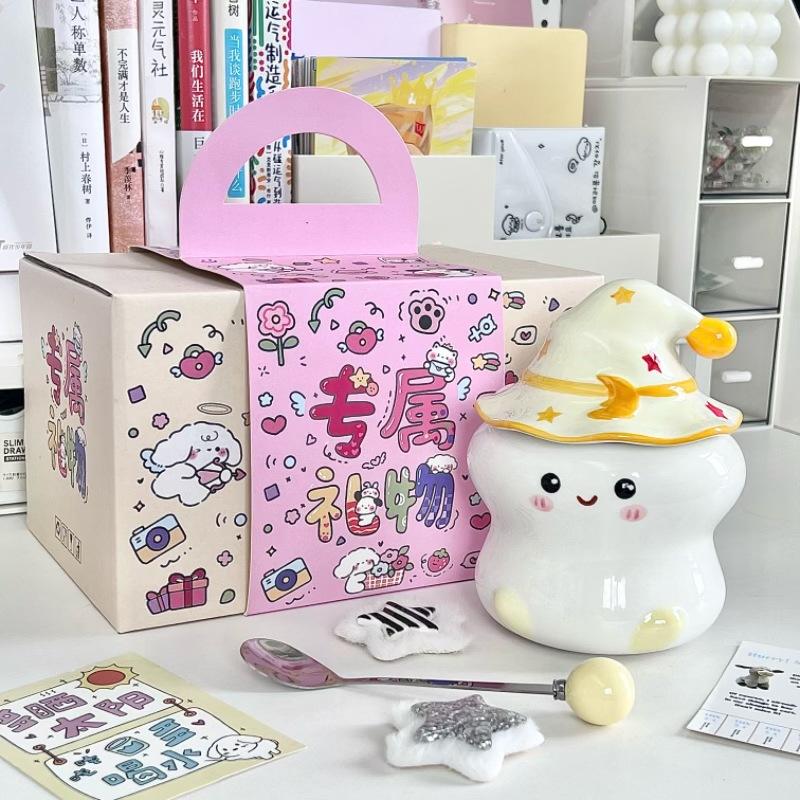 Cute ghost mug with lid spoon high value girl birthday gift office ceramic water cup souvenir
