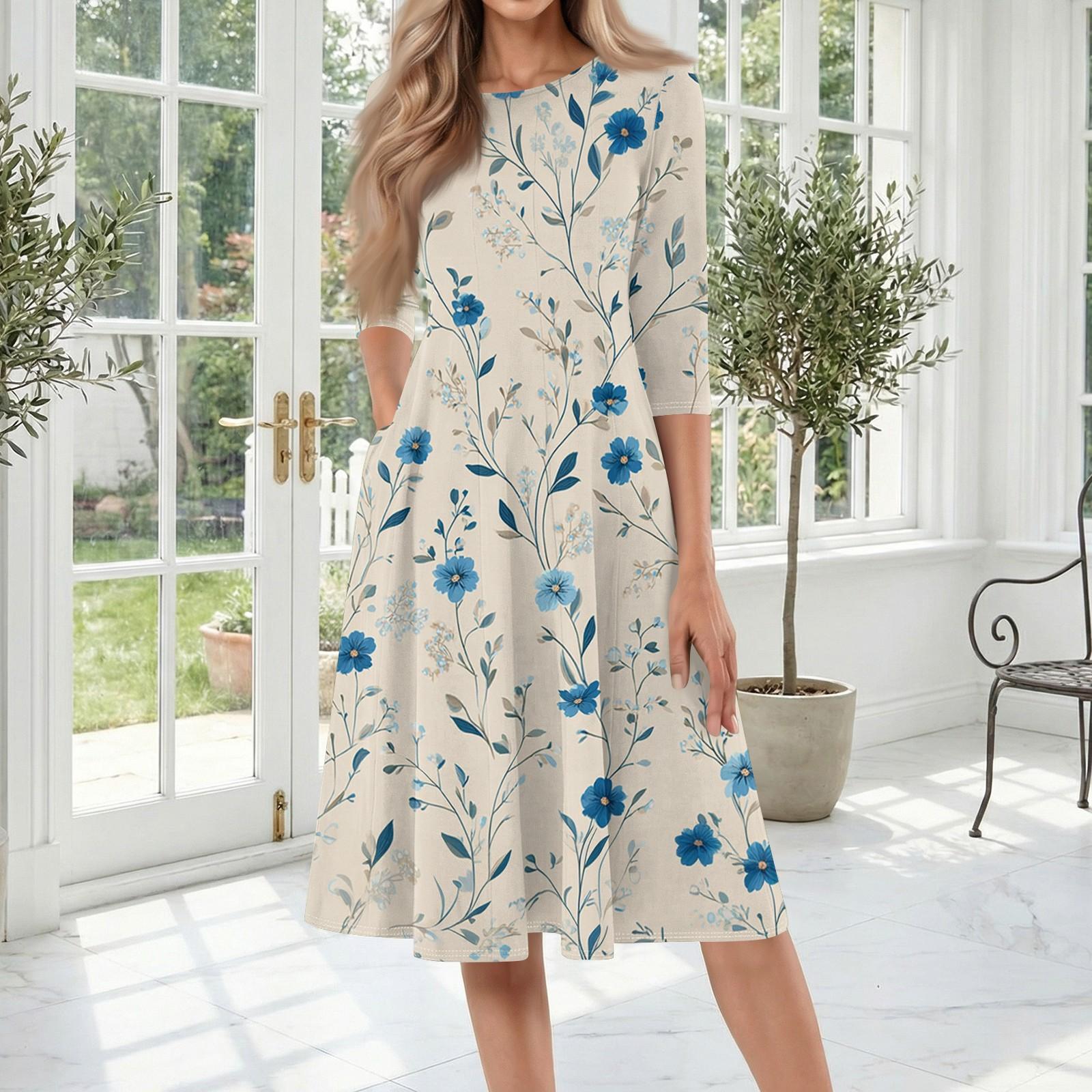 

Women Casual Crew Neck Three Quarter Sleeve Floral Print Midi Dress Loose Fit Elegant Daily Wear for Spring Summer Autumn XL