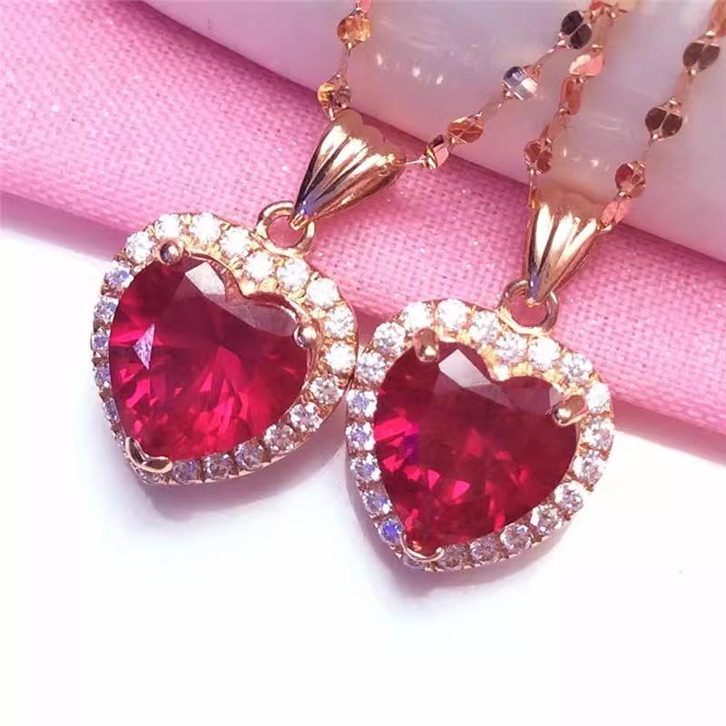 Exquisite Russian Purple Gold Red Stone Zircon Pendant Inlaid With Peach Heart Egg Surface Necklace Plated Rose Gold Color Gold Collarbone Chain