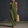 Women Solid Color Halter Neck Suit Casual Wide Leg Pants Drawstring Waist Vacation Outfit