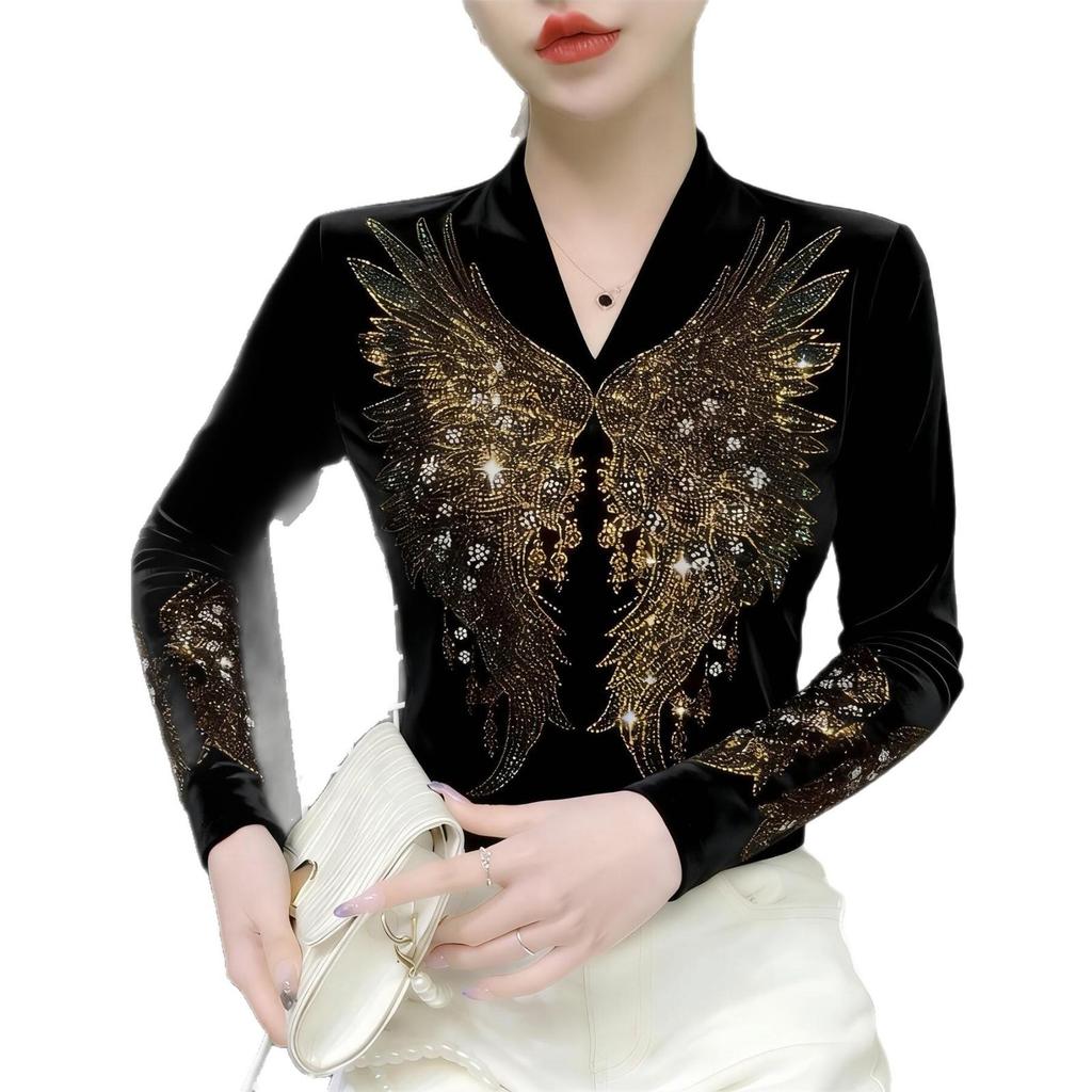 German Velvet V-neck Slim Fit Long Sleeve Women's T-shirt - Light Luxury Hot Drilling, Autumn/Winter Fashion Versatile Base Layer.