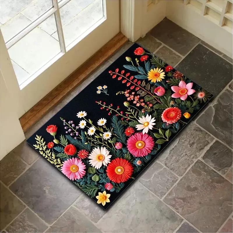 3D Floral Pattern Door Mat Colorful Flower Rug Non Slip Entrance Mat for Home Decor and Outdoor Porch Waterproof Floor Protector