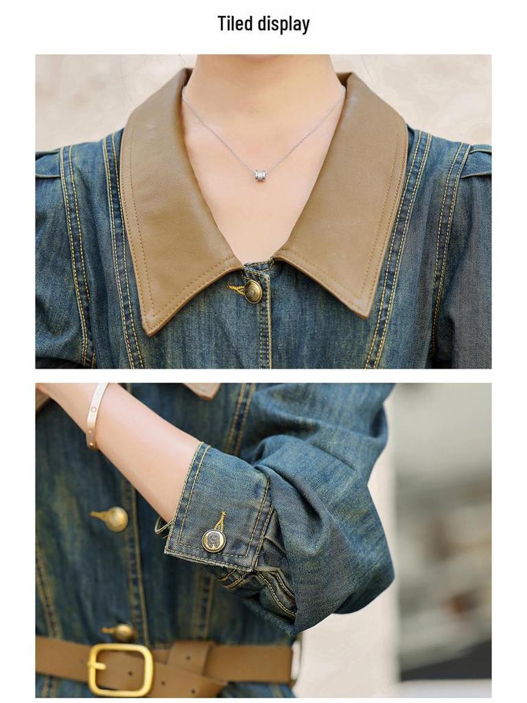 Autumn 2023 Retro Denim A-line Dress: Women's Long Sleeve, Waist-Slimming, Medium Length, Lapel Style