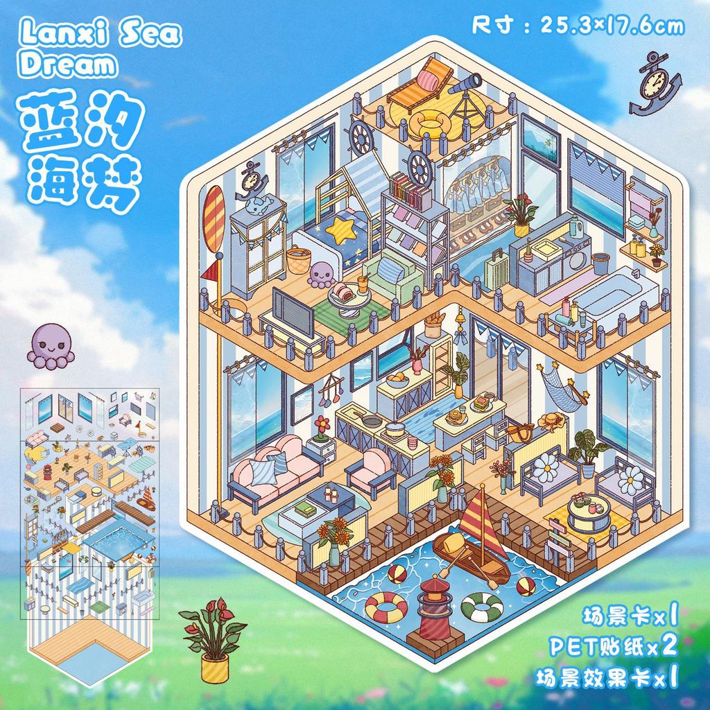 Plus Size Kawaii 3D Cartoon Small Wooden House Miniature Scene Stickers Stacked Stickers Game Stickers Children's Festival Gifts