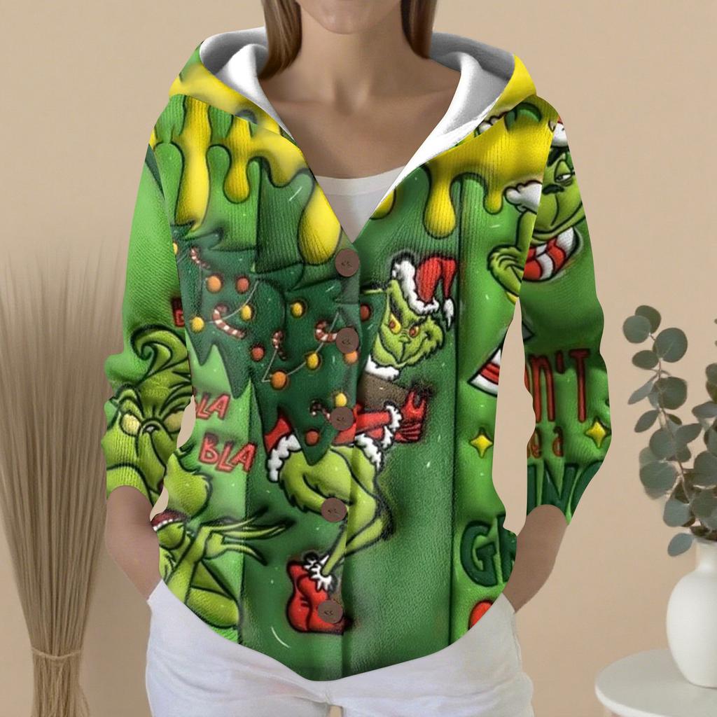 Women's Fashion Casual Sweater Button-Up Print Cardigan  Hooded Jacket