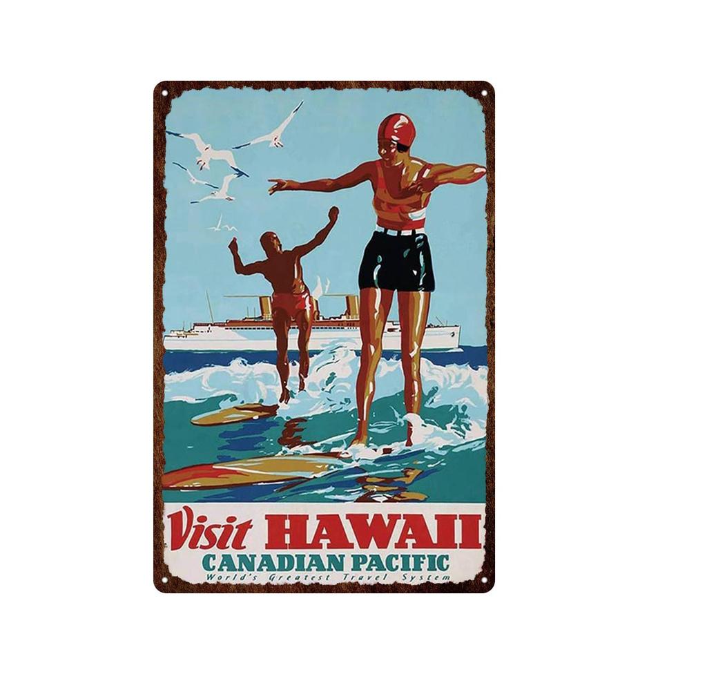 Panneau en métal avec paysage de bord de mer hawaïen Waikiki, célèbre ville touristique rétro, Plaque décorative de surf/voiture, peinture en fer, 20x30cm
