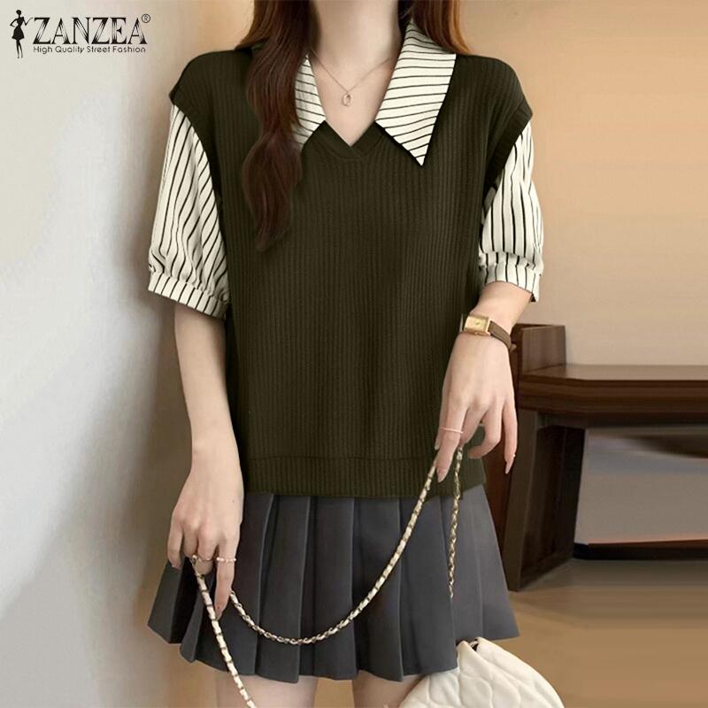 ZANZEA Women Casual Turn Down Collar Stripe Patchwork Half Sleeve Blouse