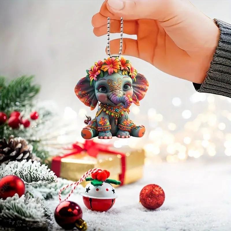 Flower Cute Cartoon Elephant Pattern Acrylic Pendant For Car Decor Accessories