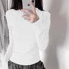 Women's Slim-Fit Retro Gray Cotton Long-Sleeve T-Shirt - Flattering Shoulders, Solid Color, Ideal for Early Autumn Layering