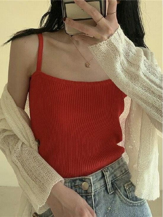 Hong Kong Style Women's Chic Sleeveless French Knit Camisole Top, Summer White Innerwear.
