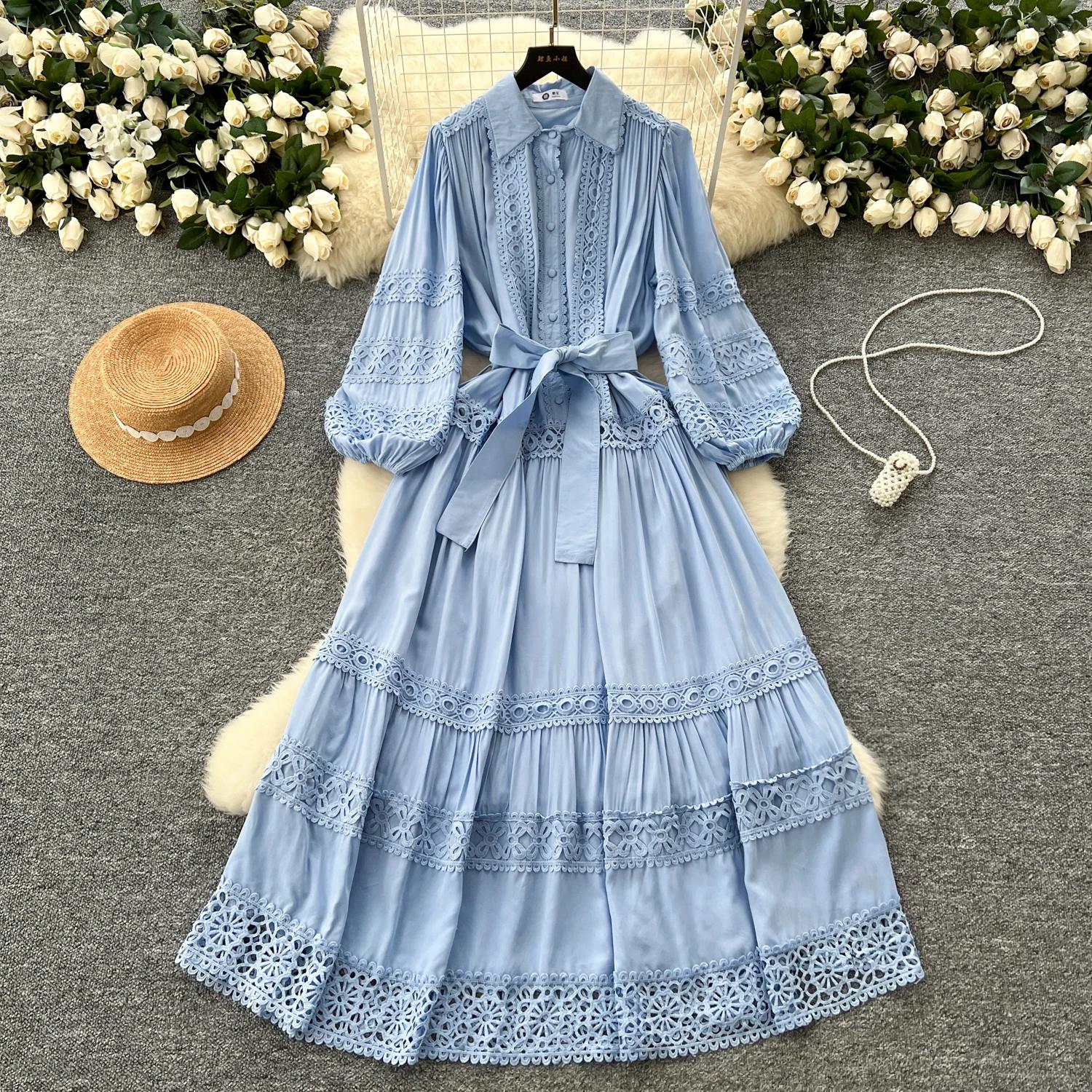 

Винтажный элегантный пуловер с длинными рукавами-фонариками, шикарные платья с кружевной вставкой и бандажной отделкой, французская вечерняя уличная осенняя одежда One Size синий