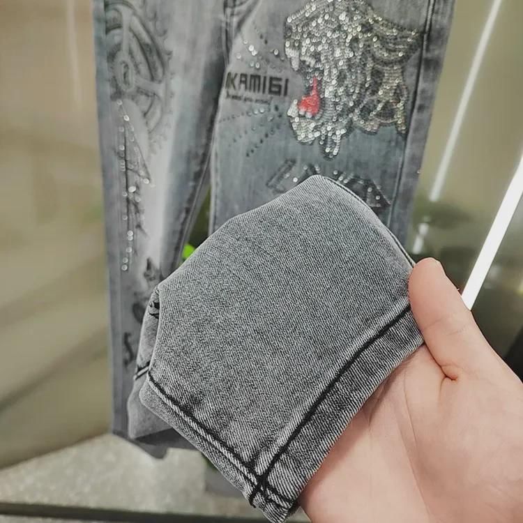 European Men's Spring & Autumn Tiger Head Slim Fit Jeans with Hot Diamond Detail