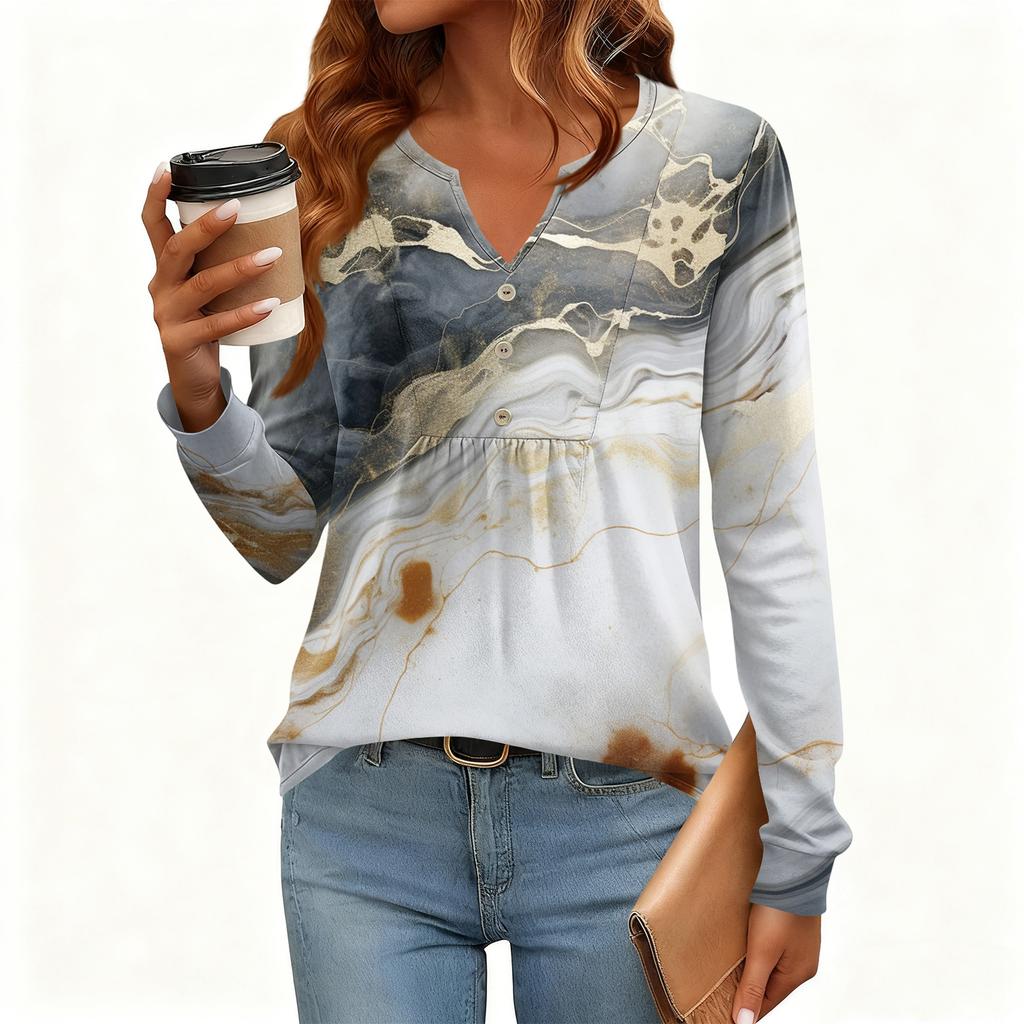 Women's Relaxed,Fit V,Neck Vintage Color,Blocked Floral Print Long,Sleeve Pullover Tee