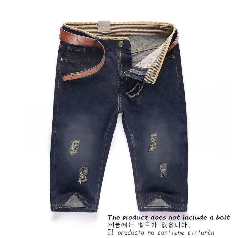 Summer Men's Personalized Washable Perforated Denim Pants Large Casual Middle Pants Straight Leg Slim Fit with Ripped Holes Shorts