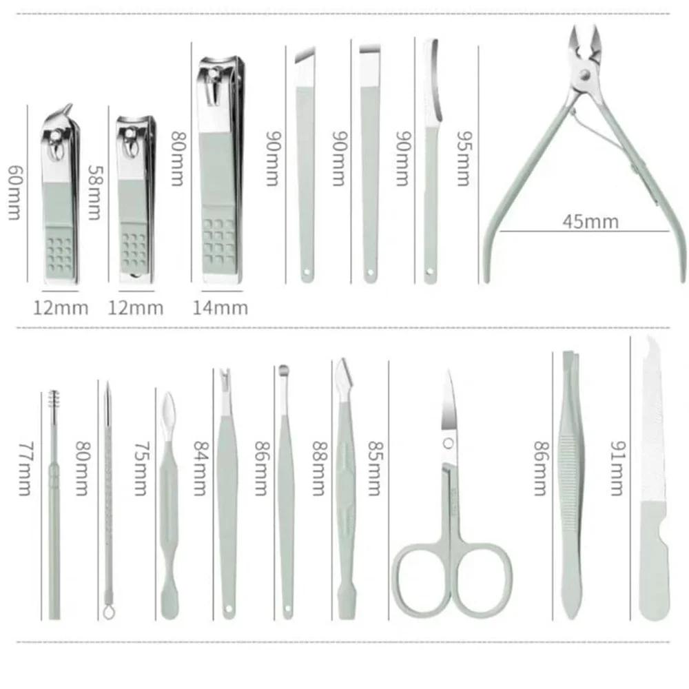 16Pcs Portable Manicure Sets Stainless Steel Nail Clipper Set Grooming Tool Set Portable Case Manicure Art Tool Green Nails Cut