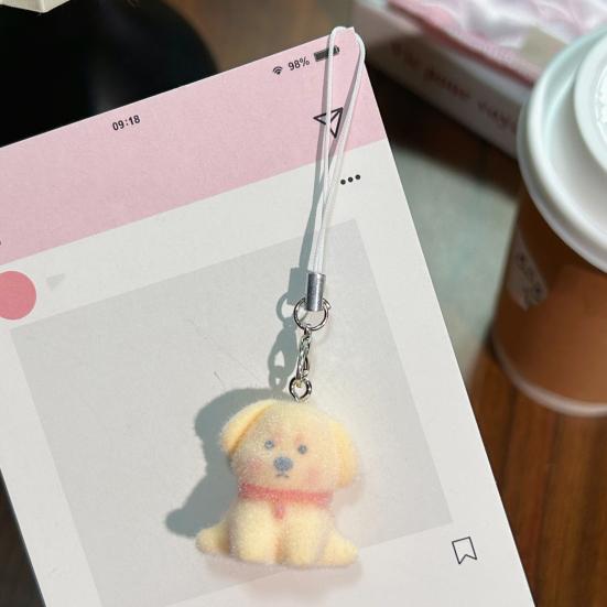 Decorative Pendant Flocking Puppy Shape Keychain Bag Charm with Lanyard Mobile Phone Bag Hanging Ornament
