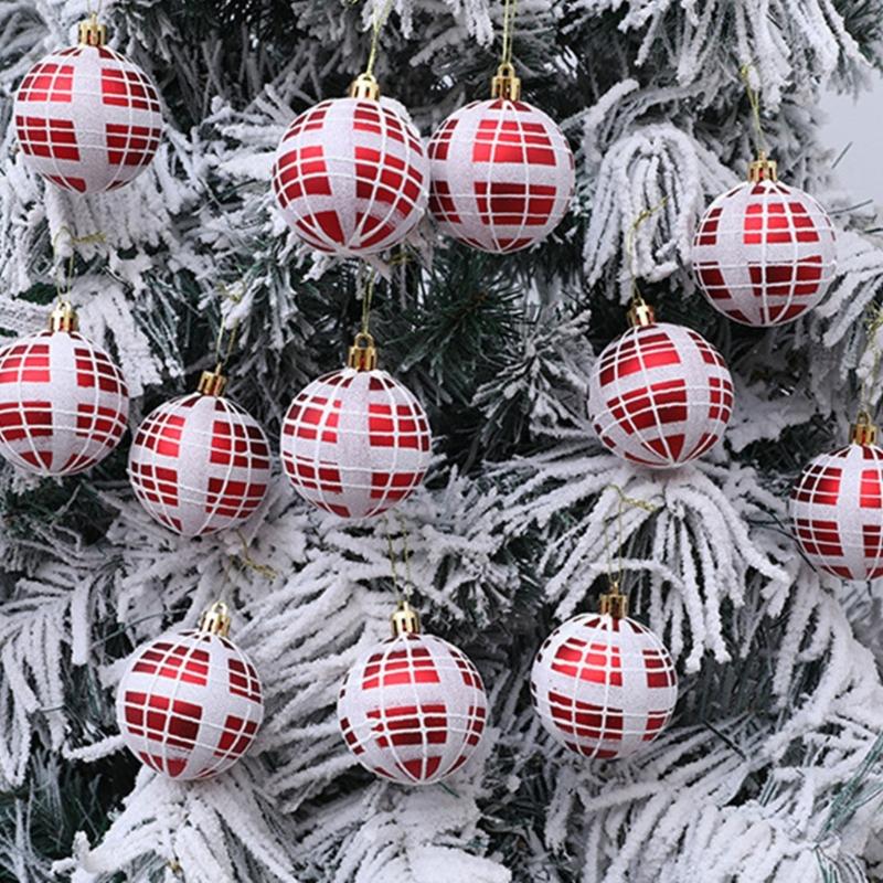 2 Boxes Christmas Tree Decorations Tartan Pattern Plastic Hanging Ball Festival Home Holiday Party Decorative Accent