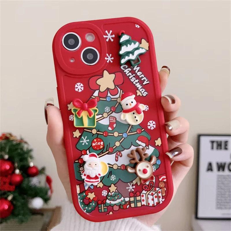 Niedliche Cartoon 3D Weihnachtsmann Elch Schneemann Weihnachtsbaum Weiche Hülle Für iPhone 16 15 14 Pro Max 13 12 11 X XS XR 8 Plus Rückseite