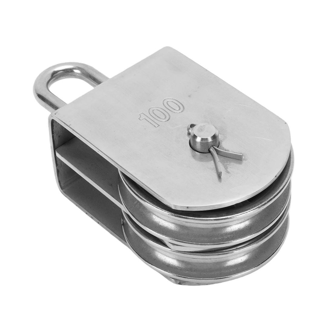 M100 Heavy Duty Double Wheel Rotating Lifting Pulley Block Stainless Steel for 3 8 Inch Rope
