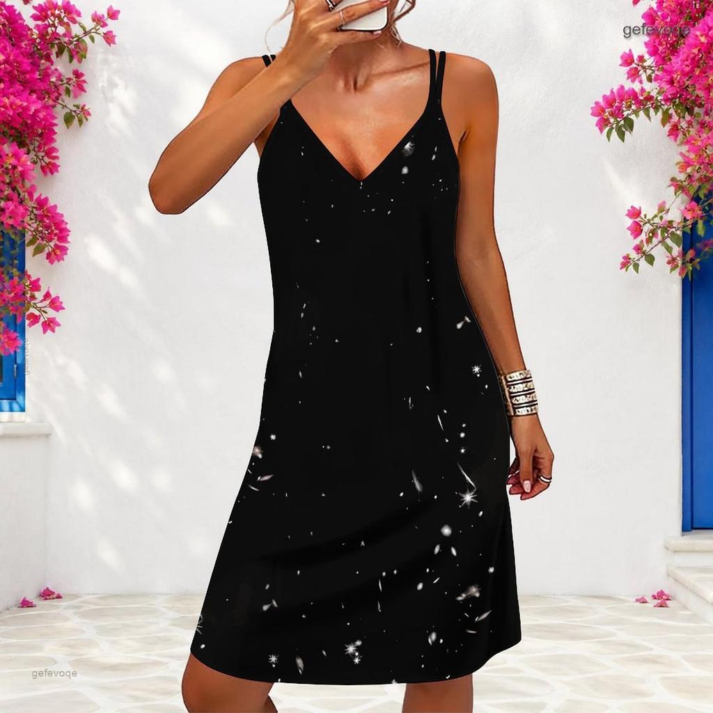 Women Plus Size V Neck Double Straps Sleeveless Purple Black Butterfly Printed Mini Dress