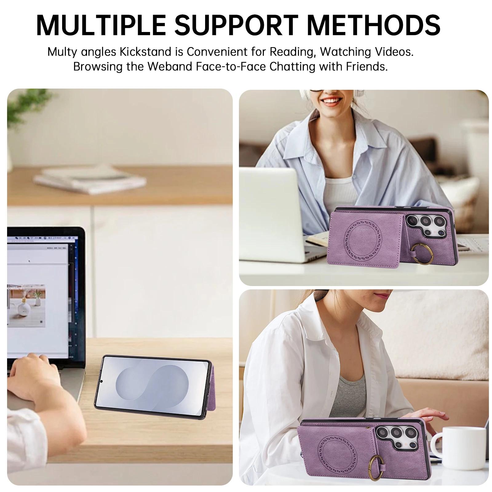 

Magnetic Ring Crossbody Wallet Phone Case for Samsung Galaxy S25 Edge S24 Ultra S23 FE S22 Plus S21 S20 S10 Note 20 Flip Cover Galaxy S23 Ultra рожевий