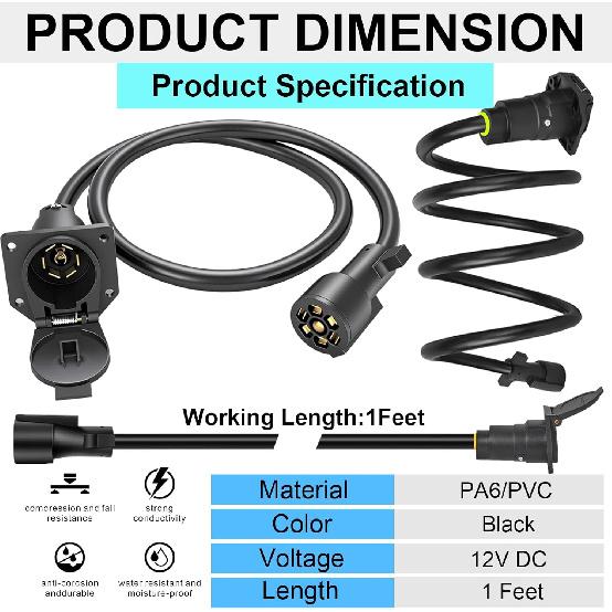 7-Way Trailer Extension Cord Wire Cable, 1 Feet 7 Way Trailer Extension Cable, Wiring Harness 7 Prong Tow Wiring Connector Cord 7 Blade Trailer