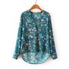Women Autumn Retro Soft Cotton V Neck Long Sleeve Shirt Floral Print Top Blouse