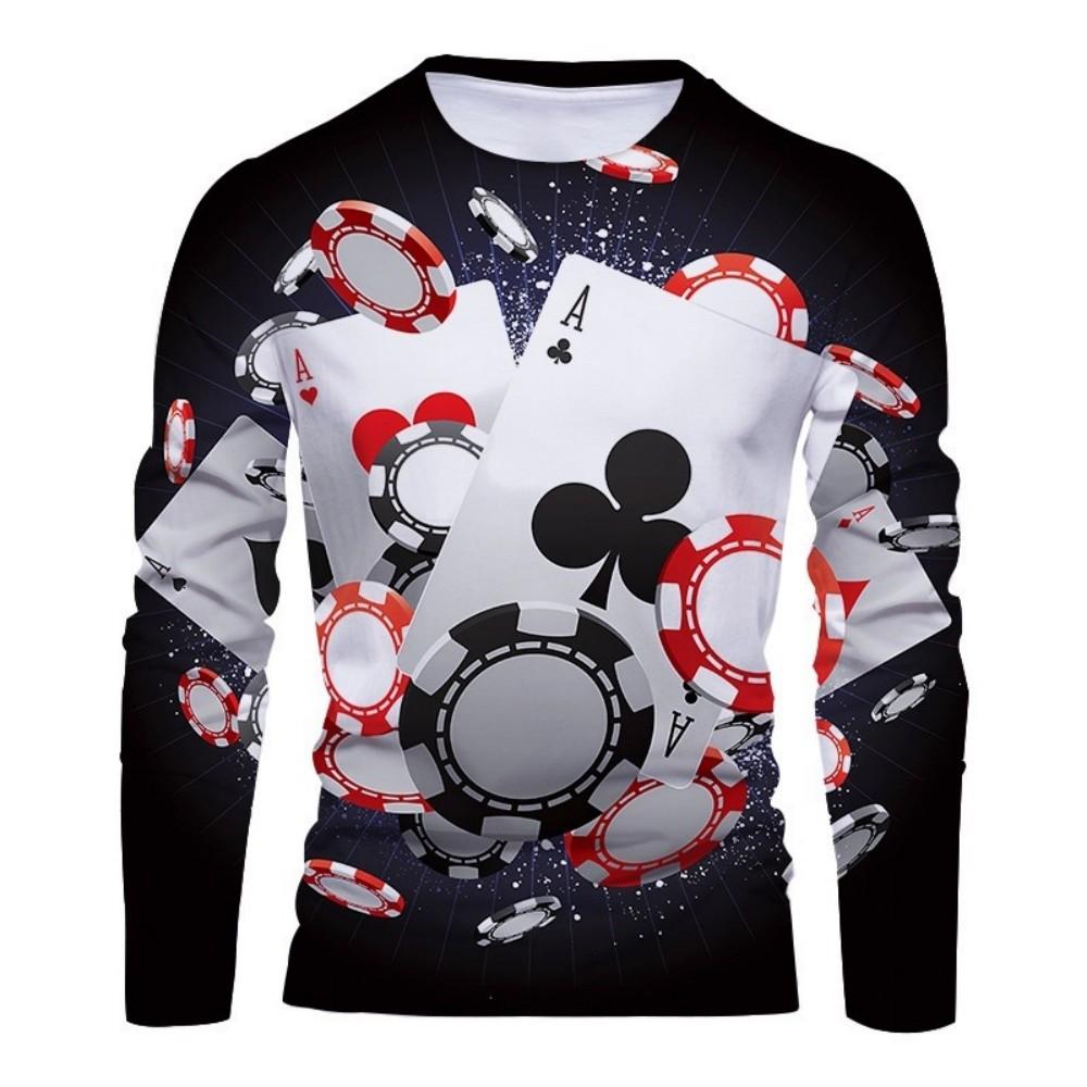 Casino Poker Print Long Sleeve T-Shirt, Stylish Casual Wear