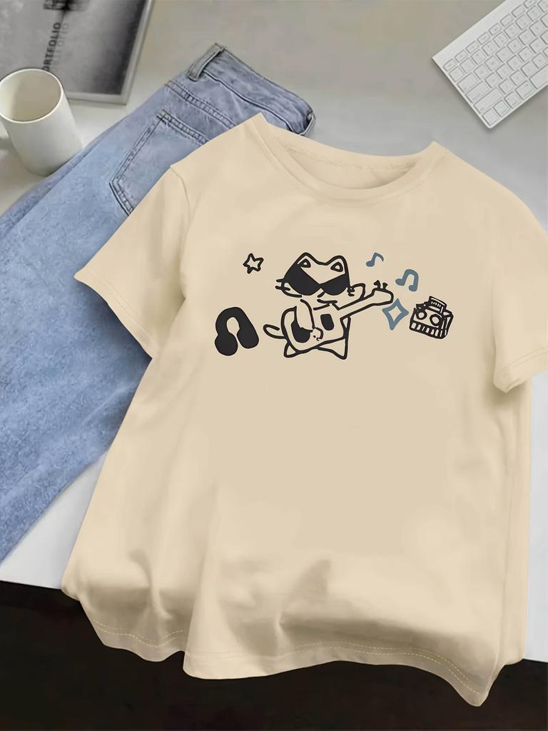 Casual round neck short unisex T-shirt for women street clothes Harajuku fashion t-shirts with cute cat touching