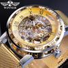 WINNER Goldene Uhren Männer Skeleton Mechanische Uhr Kristall Mesh Schlank Edelstahl Band Top Marke Luxus Hand Wind Armbanduhr Business Uhr