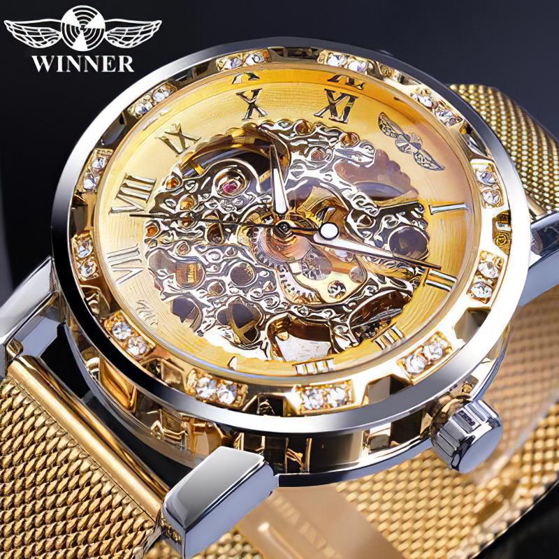 WINNER Goldene Uhren Männer Skeleton Mechanische Uhr Kristall Mesh Schlank Edelstahl Band Top Marke Luxus Hand Wind Armbanduhr Business Uhr