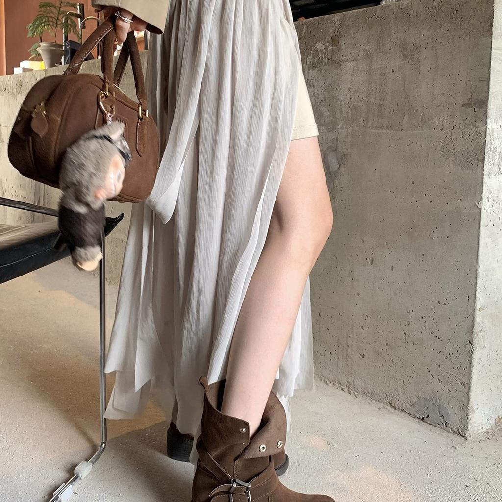 5.5Cm~ Height-increasing Merad Thick-heeled Thick-soled Medium Boots 2025 New Buckle-strapped Suede Short Boots Women's Autumn