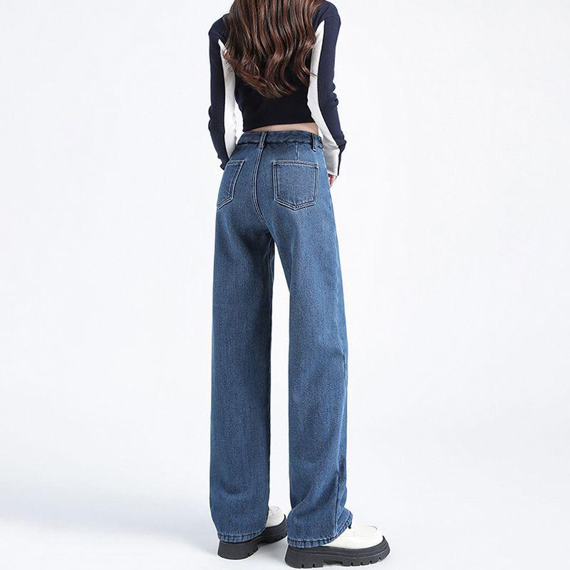 Aksamitne Pogrubione Jeansy Casualowe dla Kobiet na Jesień i Zimę Nowy Styl Luźne Spodnie z Szerokimi Nogawkami Przesuwane po Podłodze Spodnie Taty Proste Jeansy dla Kobiet