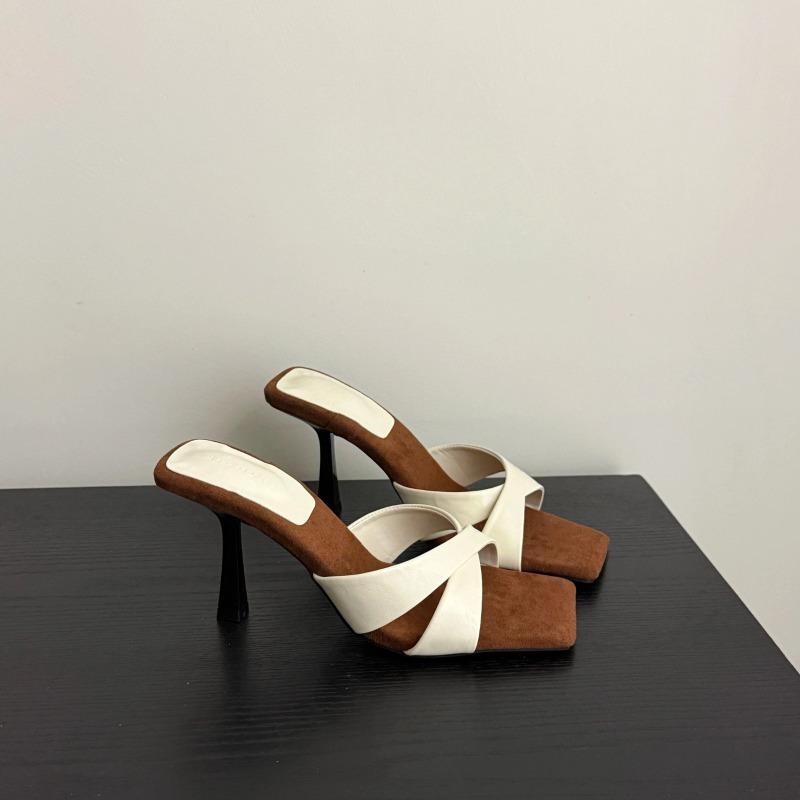 Fashion 2025 New Women's High Heels Sandal Square Head Cross Strap One Line Thin Heel Suitable  Wearing Outdoor Slippers