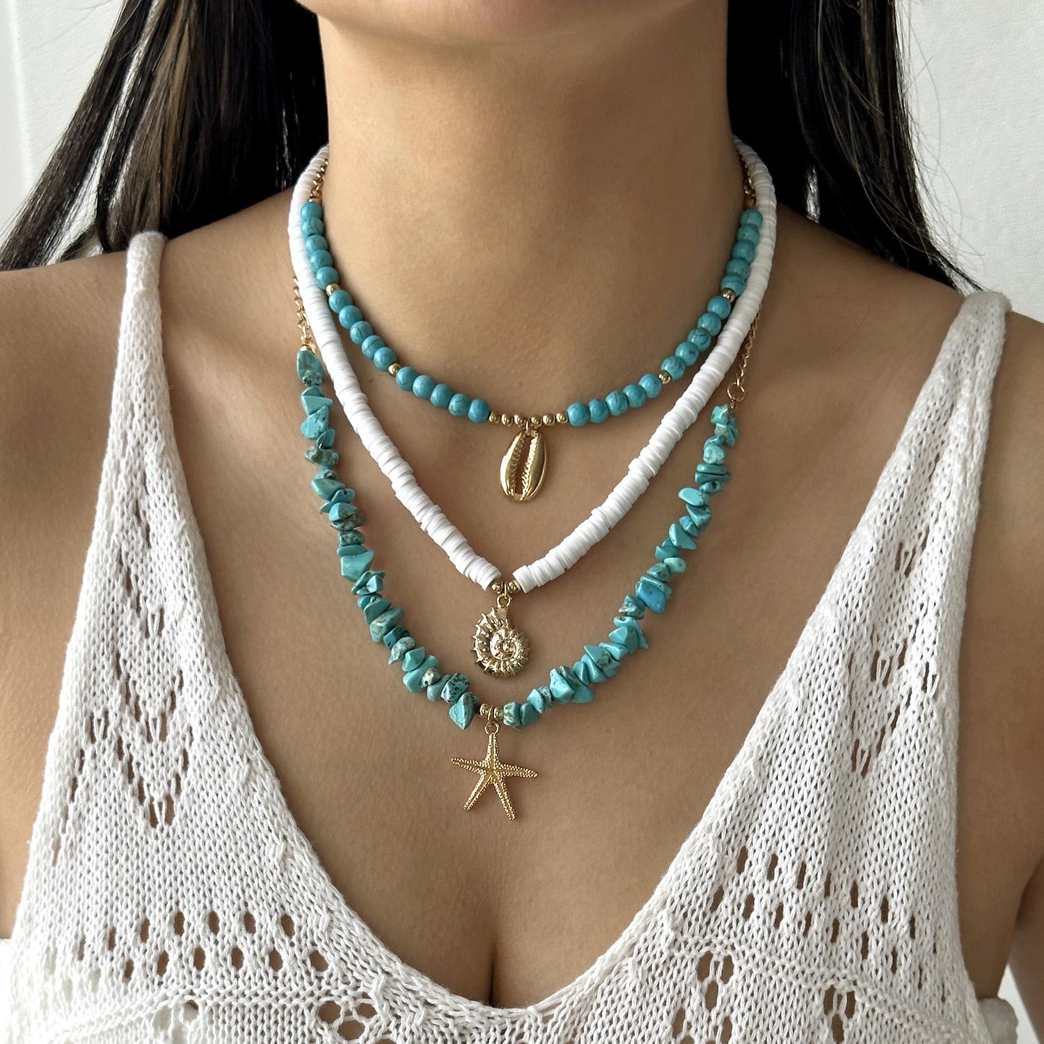 

3PCS Colorful Irregular Gravel Starfish Pendant Necklaces Set for Women Multi Layer Shell Conch Necklaces Summer Beach Jewelry